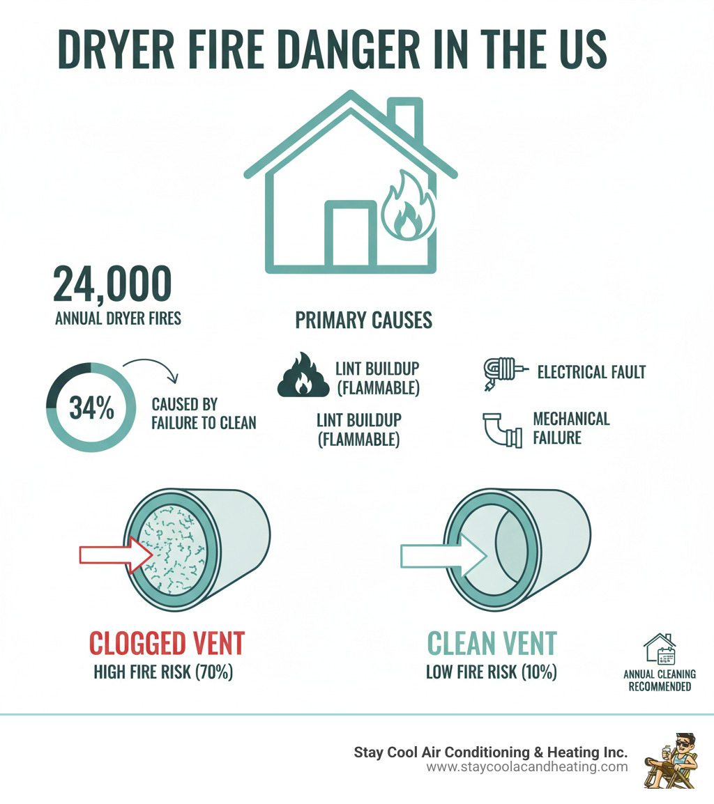 Infographic showing 24,000 annual dryer fires in the US, with 34% caused by failure to clean, breakdown of fire causes including lint buildup as primary culprit, and comparison of clogged vs clean vent airflow with associated fire risk percentages - dryer vent cleaning santa clarita ca infographic 