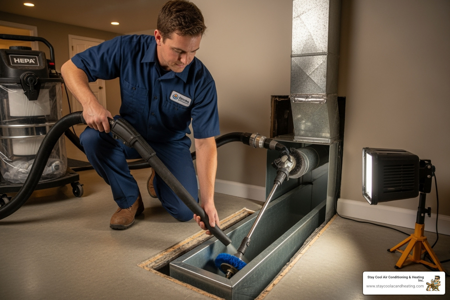 technician using high-powered vacuum and brush system on duct - duct cleaning santa clarita ca