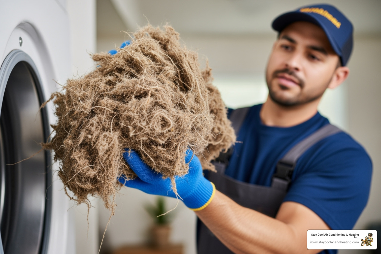 a technician holding a large clump of lint removed from a vent - dryer vent cleaning santa clarita ca