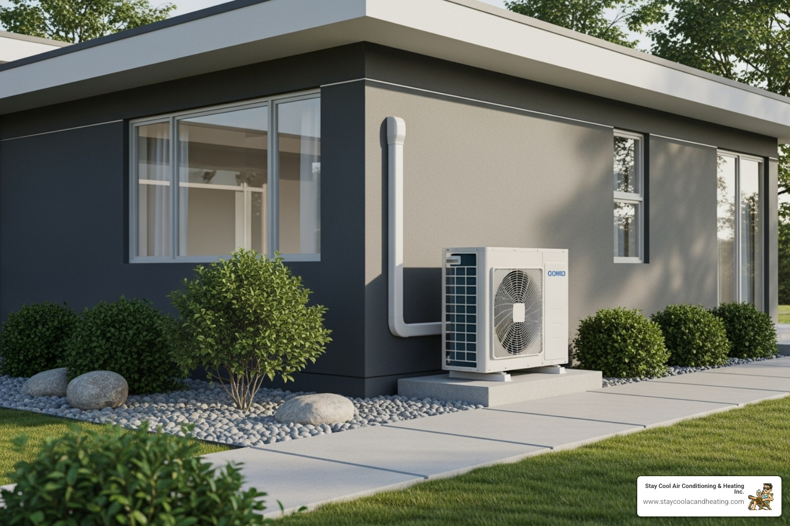 A sleek outdoor compressor unit of a ductless mini-split system, discreetly placed against the exterior wall of a home with minimal visual impact. - ductless ac installation santa clarita ca A sleek outdoor compressor unit of a ductless mini-split system, discreetly placed against the exterior wall of a home with minimal visual impact. - ductless ac installation santa clarita ca