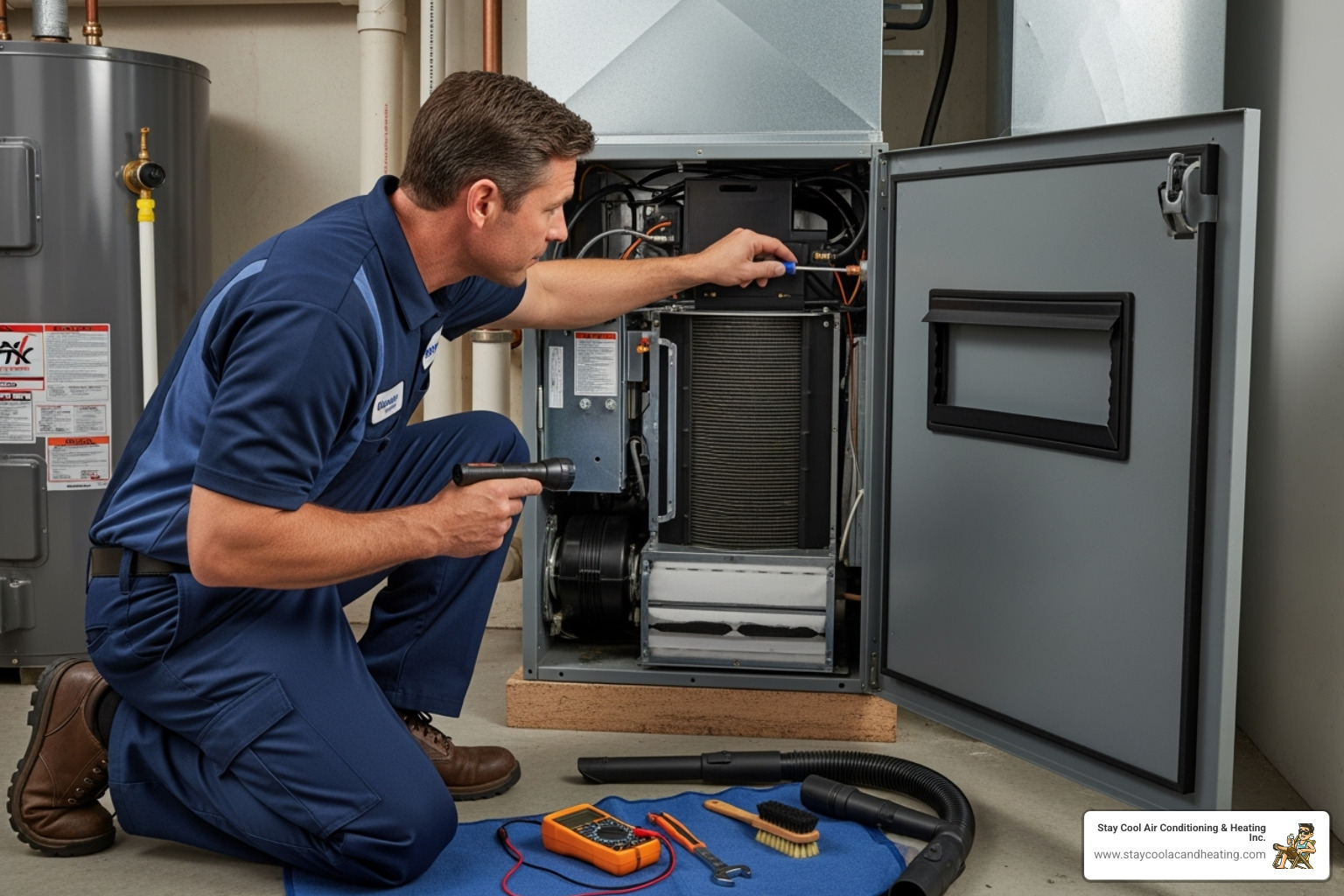 technician inspecting indoor air handler - seasonal ac tune up santa clarita ca