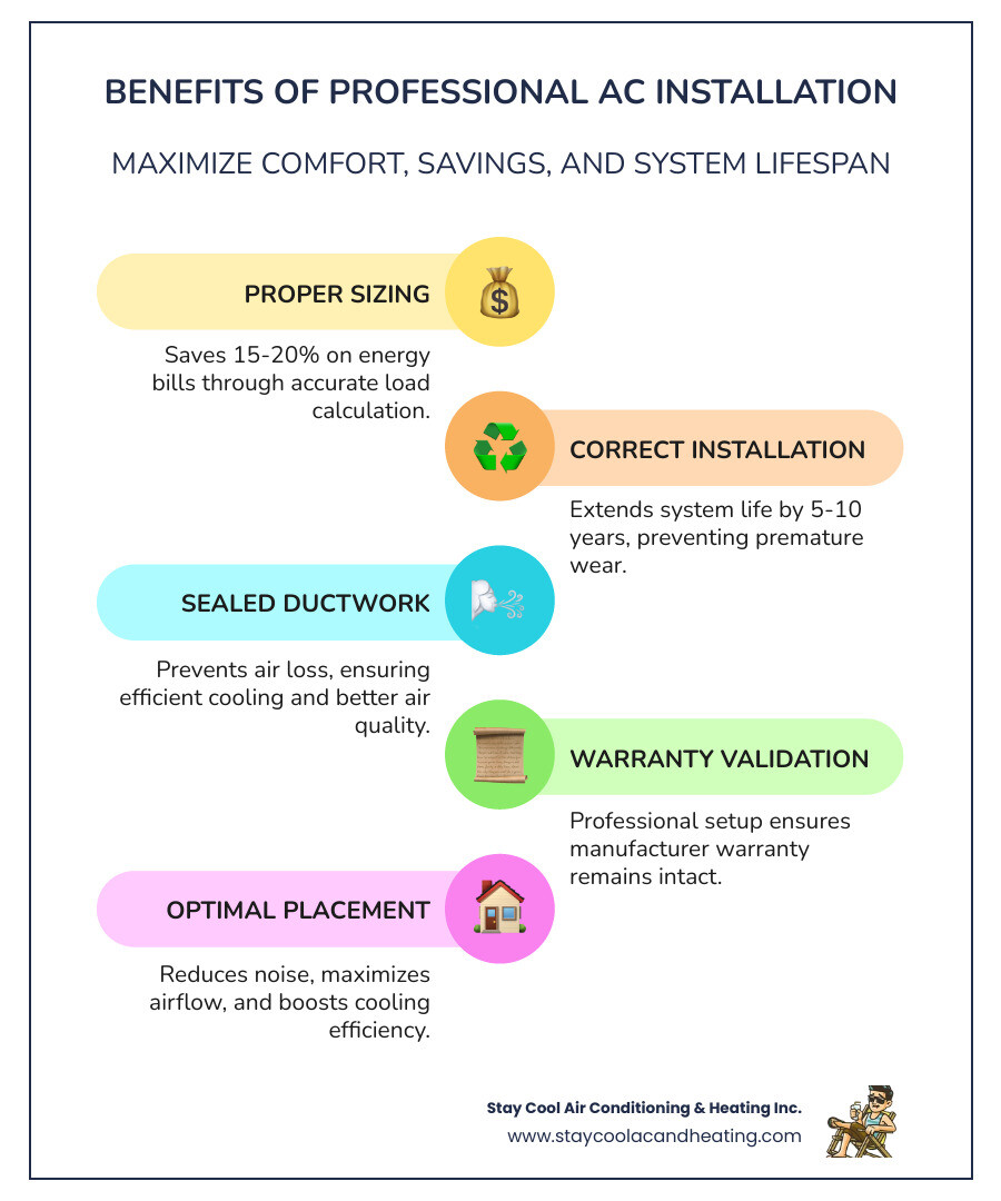 infographic showing the benefits of professional AC installation: proper sizing saves 15-20% on energy bills, correct installation extends system life by 5-10 years, sealed ductwork prevents air loss, professional setup validates manufacturer warranty, expert placement reduces noise and maximizes efficiency - ac installation reseda ca infographic infographic-line-5-steps-colors