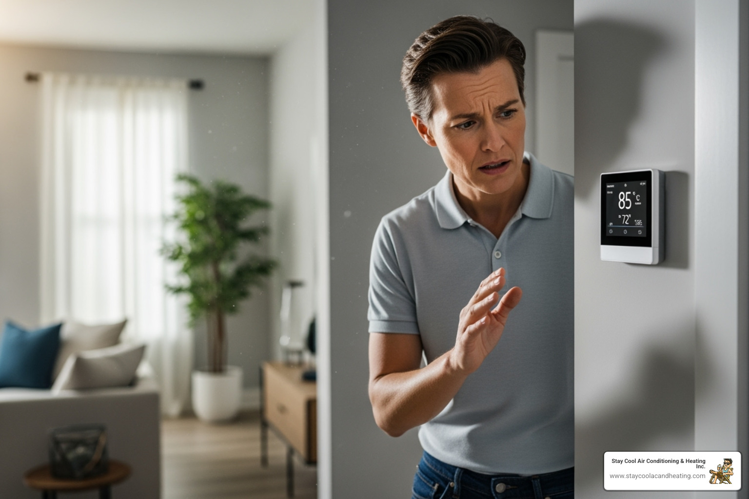 homeowner looking at a thermostat with a concerned expression - furnace repair westlake village ca