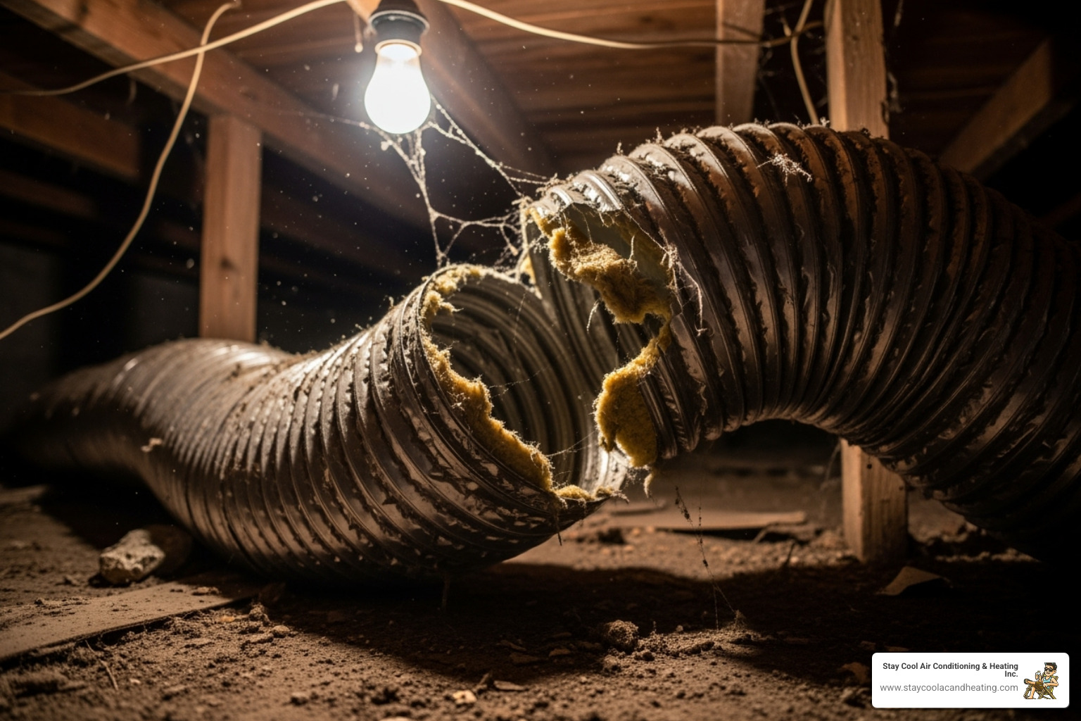 Visibly torn or crushed flexible duct in a crawlspace - duct replacement santa clarita ca