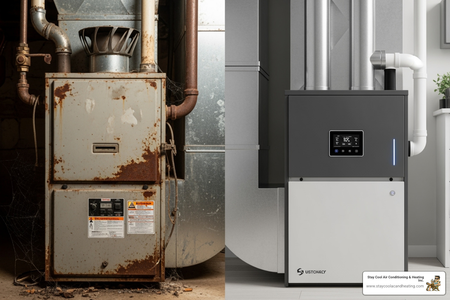 split-screen showing an old furnace and a new, modern furnace - furnace repair westlake village ca