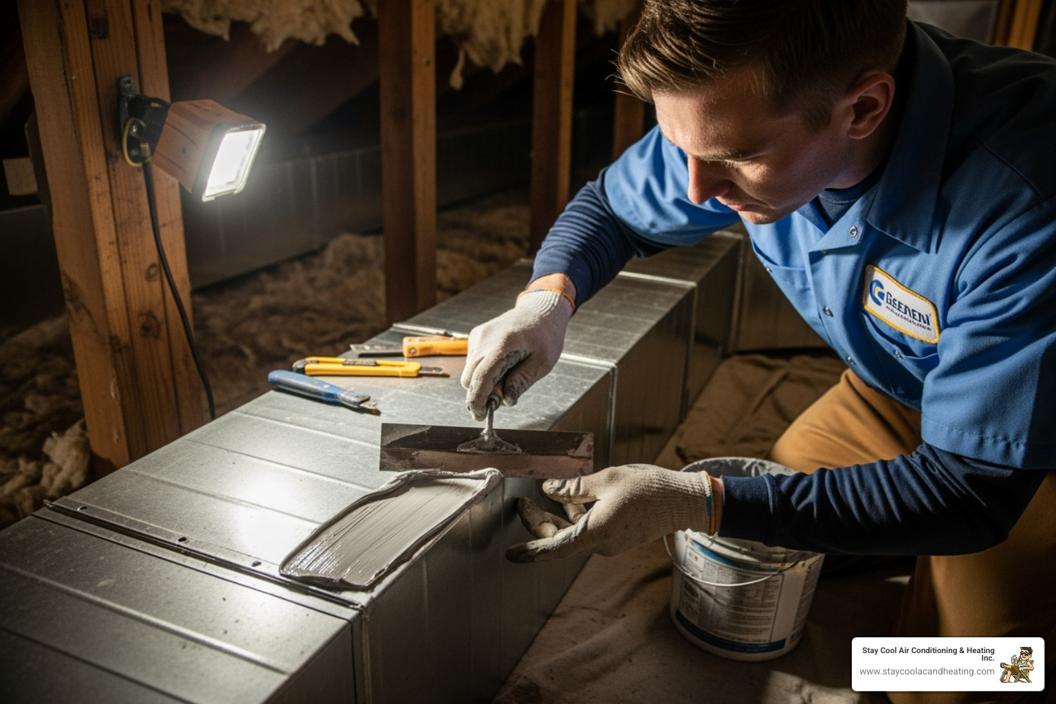 Uniformed technician carefully sealing a new duct joint with mastic - duct replacement santa clarita ca