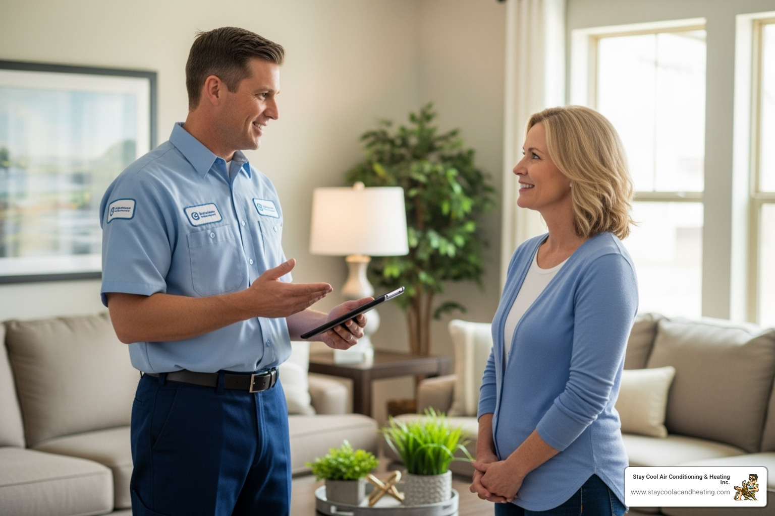 Friendly technician talking with a homeowner - duct replacement santa clarita ca