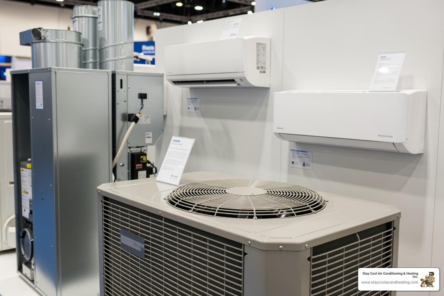 A display showing various AC unit types, including a central air condenser, an indoor air handler, and a ductless mini-split wall unit - ac installation reseda ca