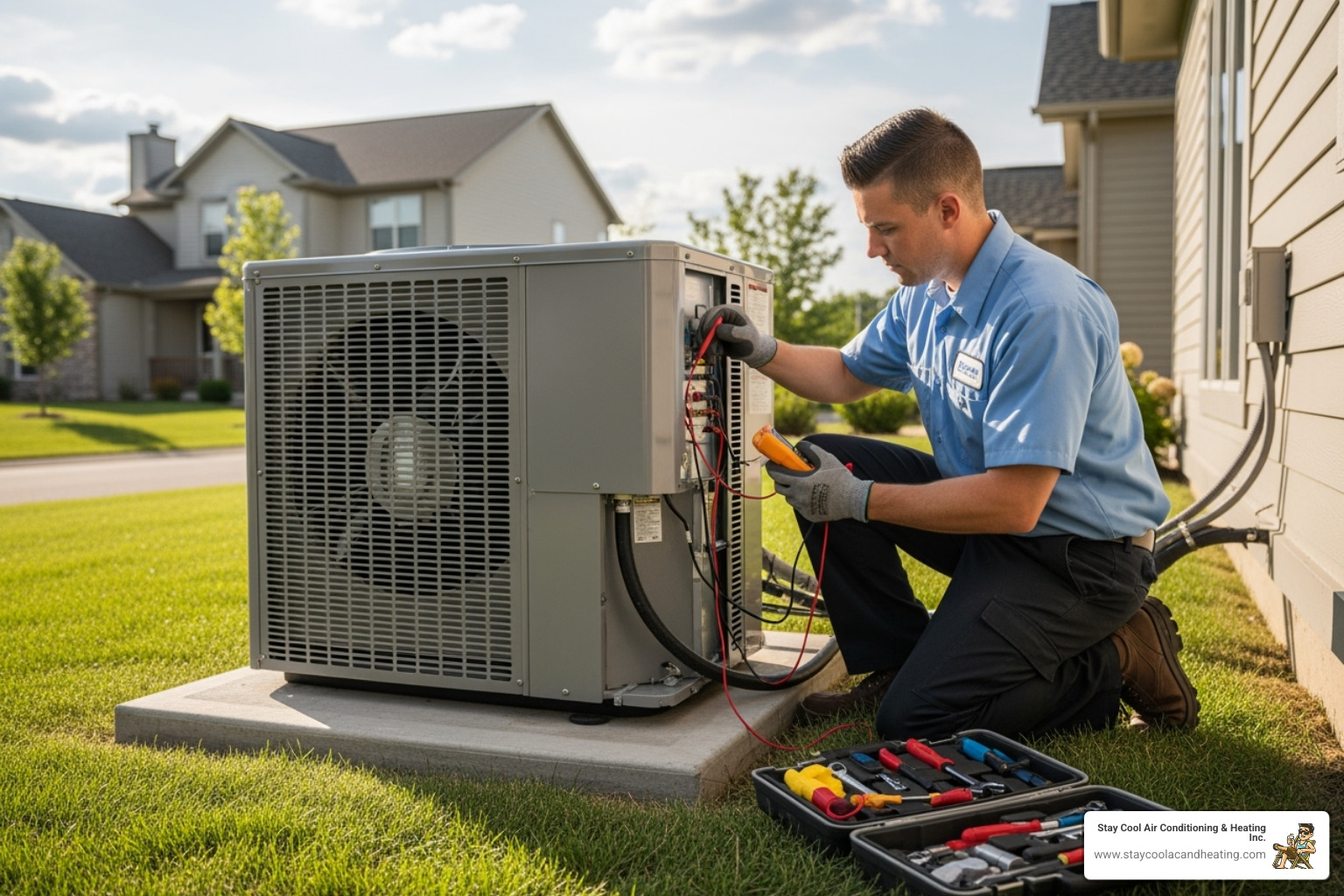 A professional HVAC technician meticulously performing annual maintenance on a new outdoor AC unit - ac installation reseda ca
