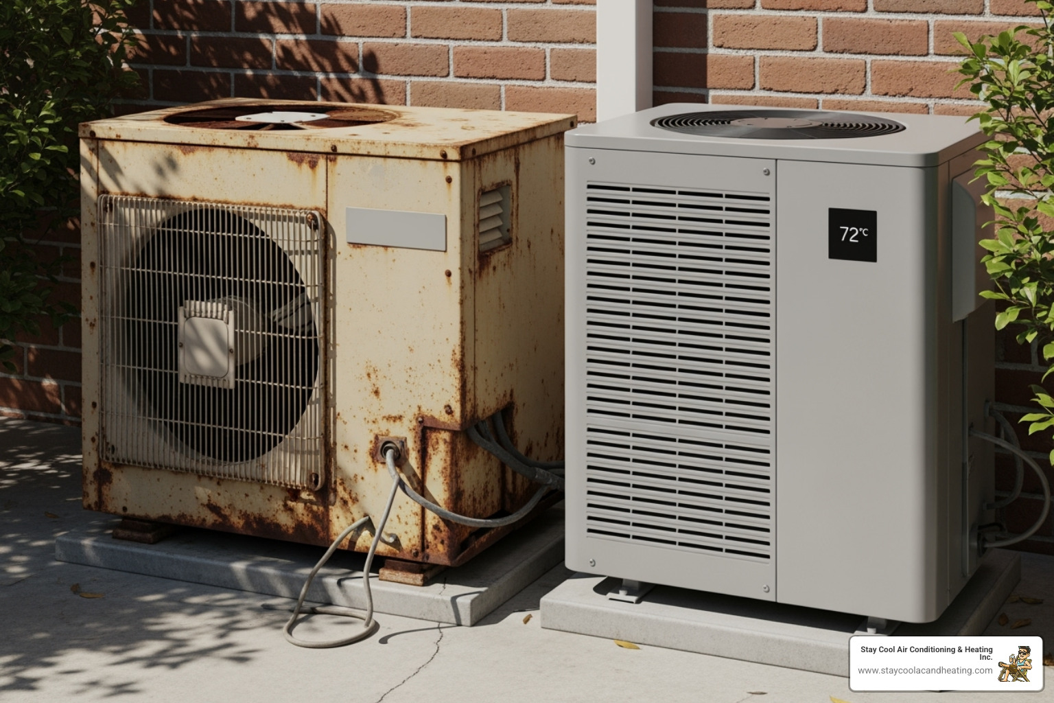An old, rusty outdoor AC unit next to a sleek, modern, energy-efficient model - ac installation reseda ca