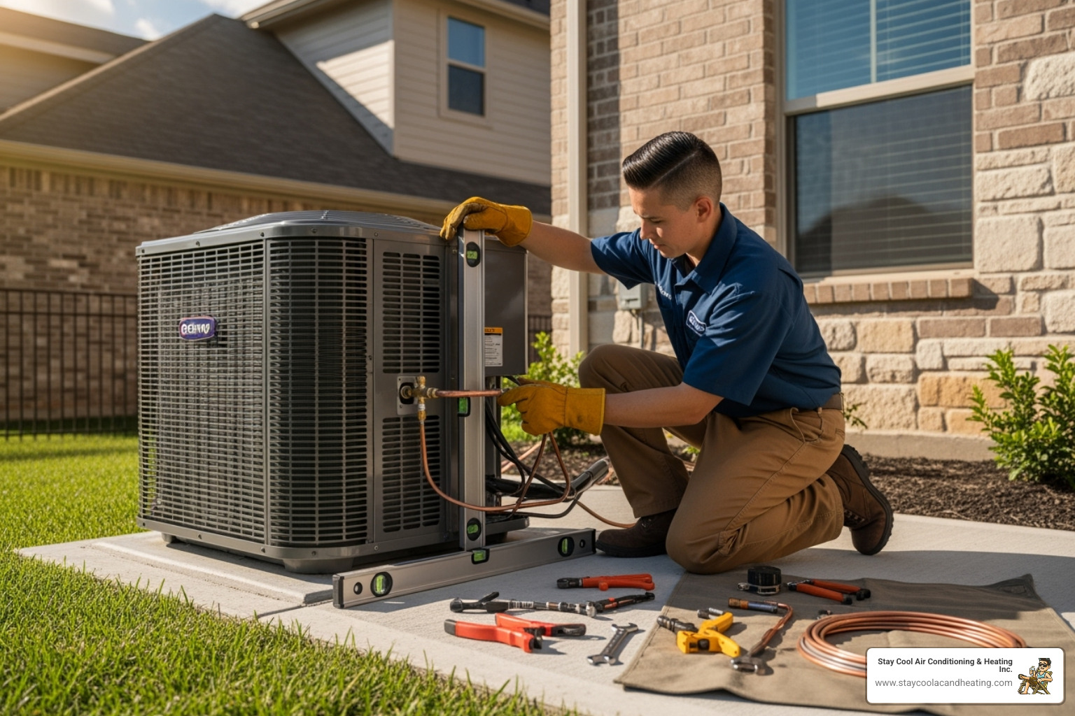 A professional HVAC technician is meticulously installing an outdoor condenser unit, ensuring proper leveling and connections - ac installation reseda ca
