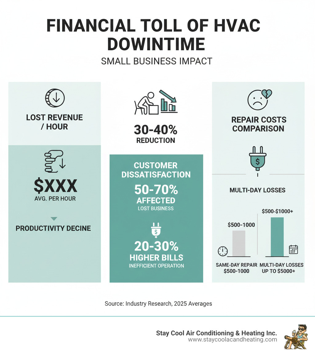 Infographic showing the financial impact of HVAC downtime for a small business, including lost revenue per hour, employee productivity decline, customer dissatisfaction rates, increased energy costs from inefficient operation, and average same-day emergency repair costs versus multi-day downtime losses - commercial ac repair encino ca infographic  Infographic showing the financial impact of HVAC downtime for a small business, including lost revenue per hour, employee productivity decline, customer dissatisfaction rates, increased energy costs from inefficient operation, and average same-day emergency repair costs versus multi-day downtime losses - commercial ac repair encino ca infographic