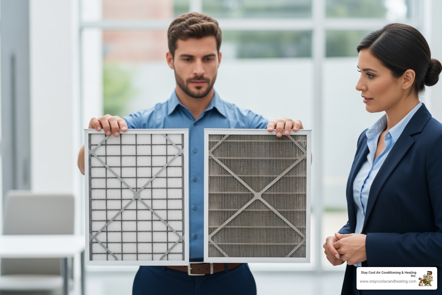 A technician showing a business owner a clean commercial AC air filter next to a dirty one. - commercial ac repair encino ca A technician showing a business owner a clean commercial AC air filter next to a dirty one. - commercial ac repair encino ca