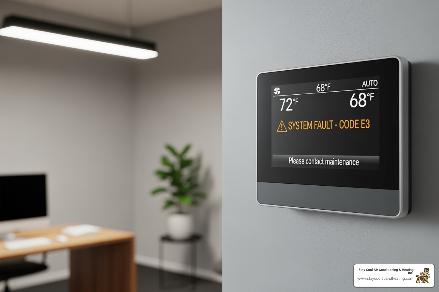 A thermostat in an office setting displaying an error message. - commercial ac repair encino ca A thermostat in an office setting displaying an error message. - commercial ac repair encino ca