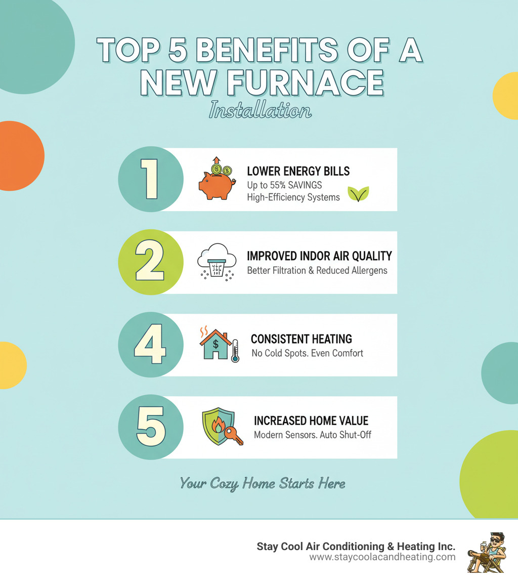Infographic showing the top 5 benefits of a new furnace installation: 1. Lower energy bills with up to 55% savings from modern high-efficiency systems, 2. Improved indoor air quality with better filtration and reduced allergens, 3. Consistent heating throughout your home with no cold spots, 4. Increased home value and appeal to future buyers, 5. Enhanced safety with modern sensors and automatic shut-off features - furnace installation encino ca infographic 