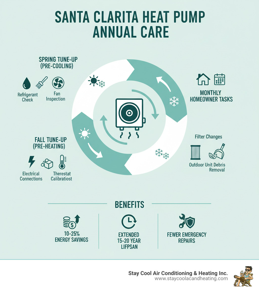 Infographic showing the annual maintenance cycle for heat pumps in Santa Clarita: Spring tune-up before cooling season includes refrigerant check, coil cleaning, and fan inspection; Fall tune-up before heating season includes electrical connections, thermostat calibration, and defrost cycle testing; Monthly homeowner tasks include filter changes and outdoor unit debris removal; Benefits shown include 10-25% energy savings, extended 15-20 year lifespan, and fewer emergency repairs - heat pump service santa clarita ca infographic 