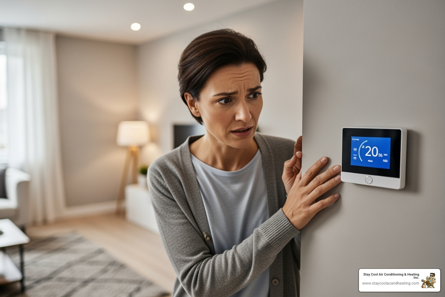 Homeowner looking at their thermostat with concern - heat pump service santa clarita ca