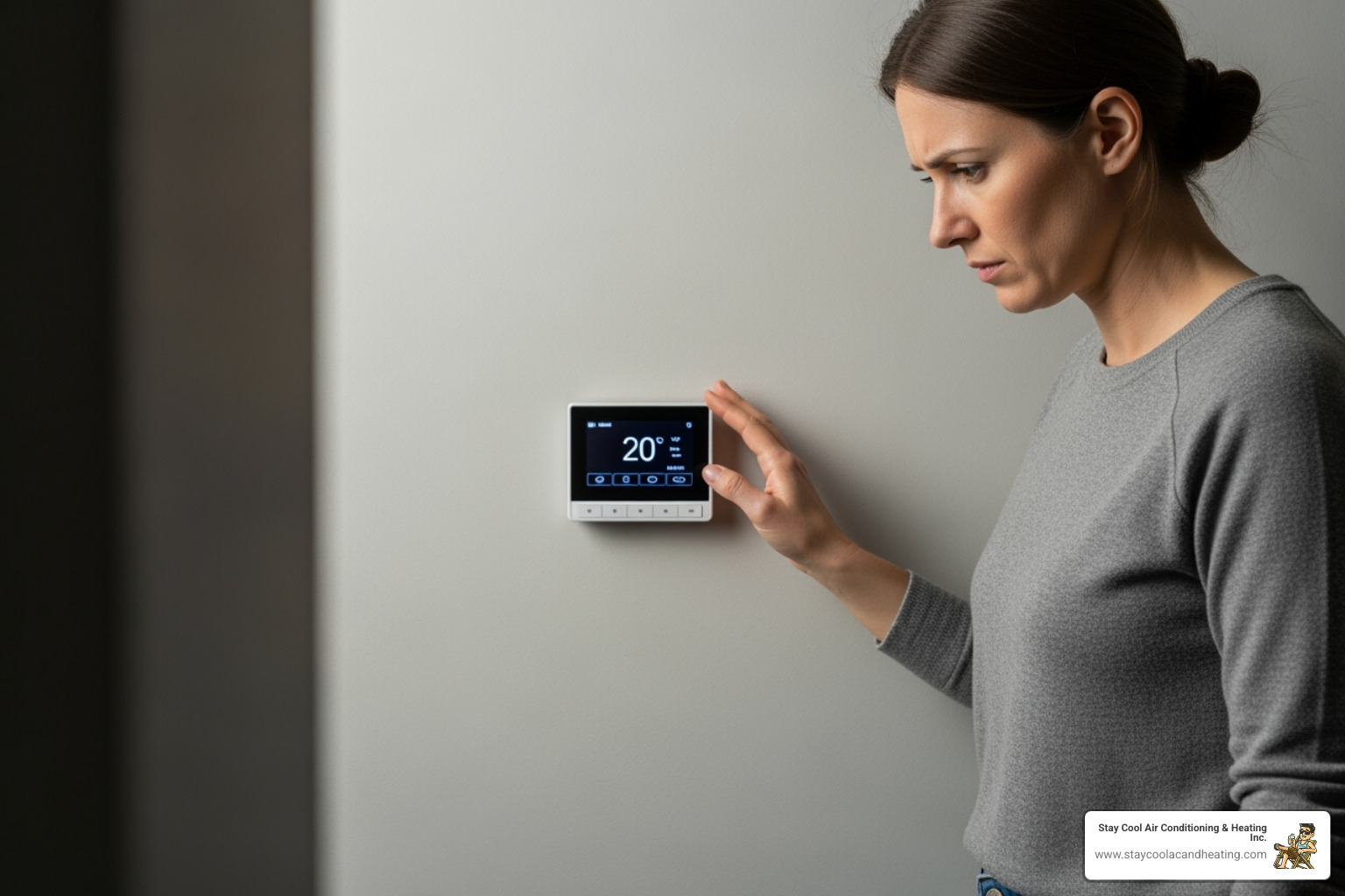 Homeowner looking at thermostat with concern - heat pump service santa clarita ca