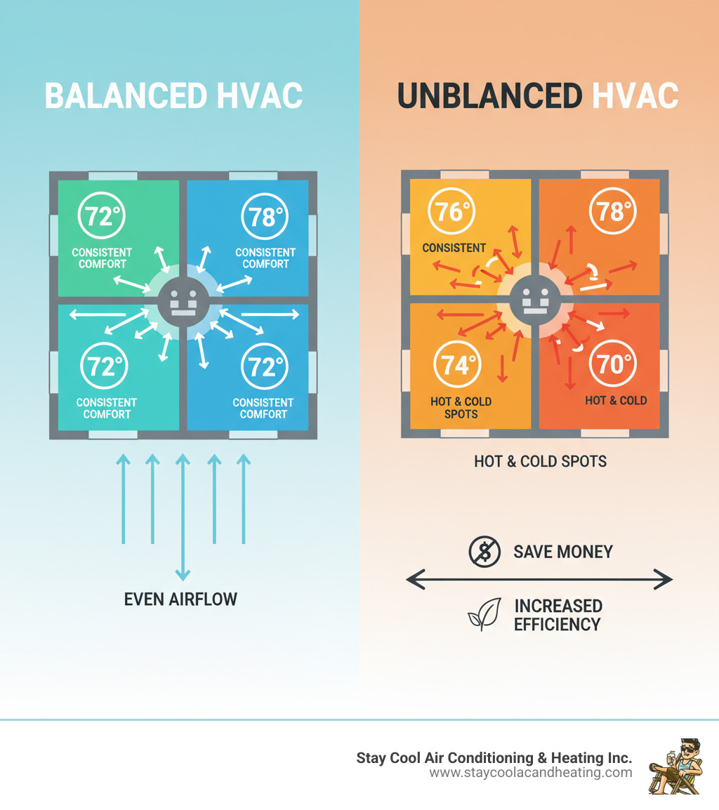 Infographic comparing a balanced HVAC system showing even 72-degree temperatures in all rooms versus an unbalanced system showing varying temperatures from 68 to 76 degrees, with arrows indicating proper versus uneven airflow distribution through ductwork - air balancing service santa clarita ca infographic 