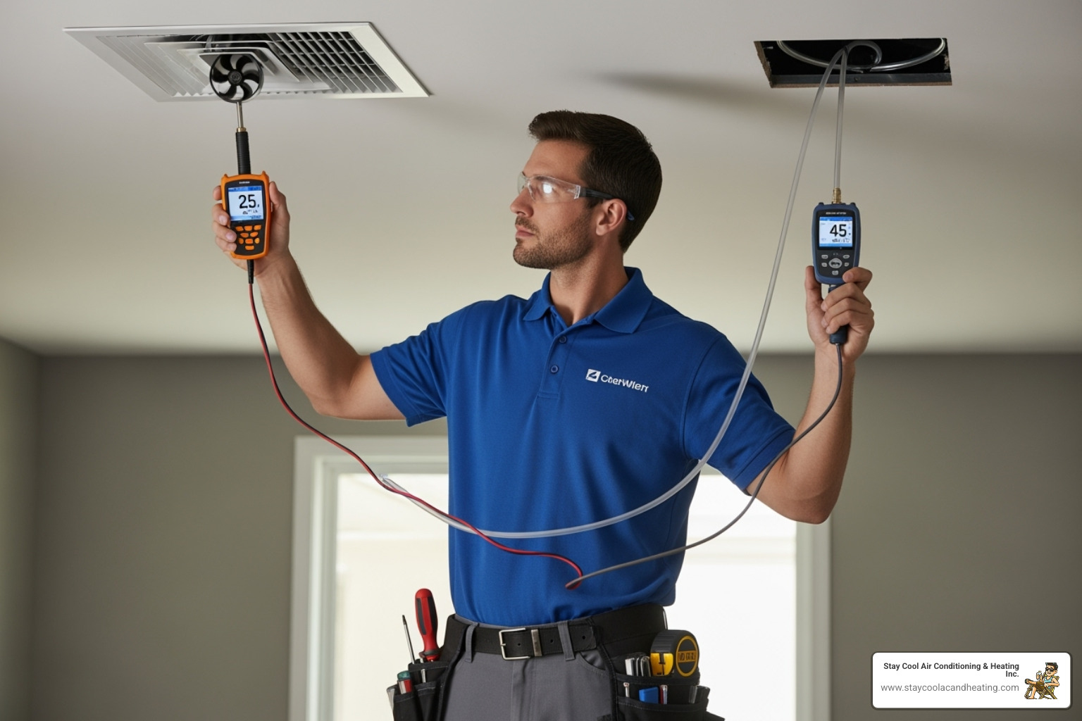 HVAC technician using various air balancing tools like an anemometer and manometer - air balancing service santa clarita ca