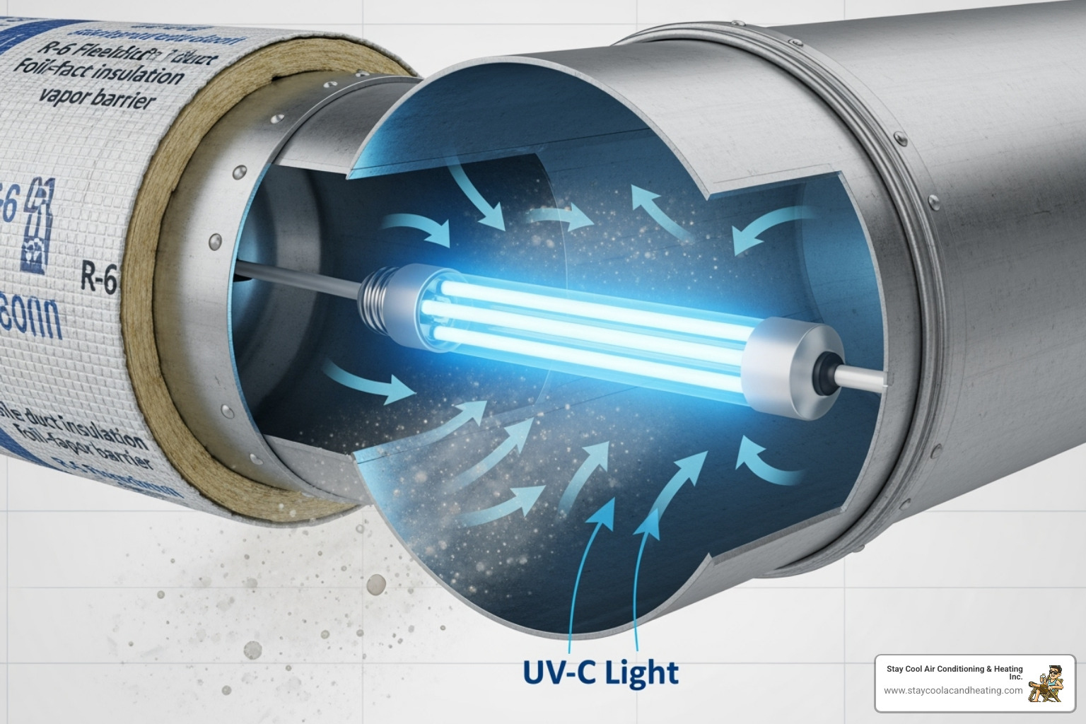 A cutaway view of an HVAC duct system with a glowing blue UV-C light bulb installed inside, illustrating how air passes through the light for purification - uv air purifier install santa clarita ca