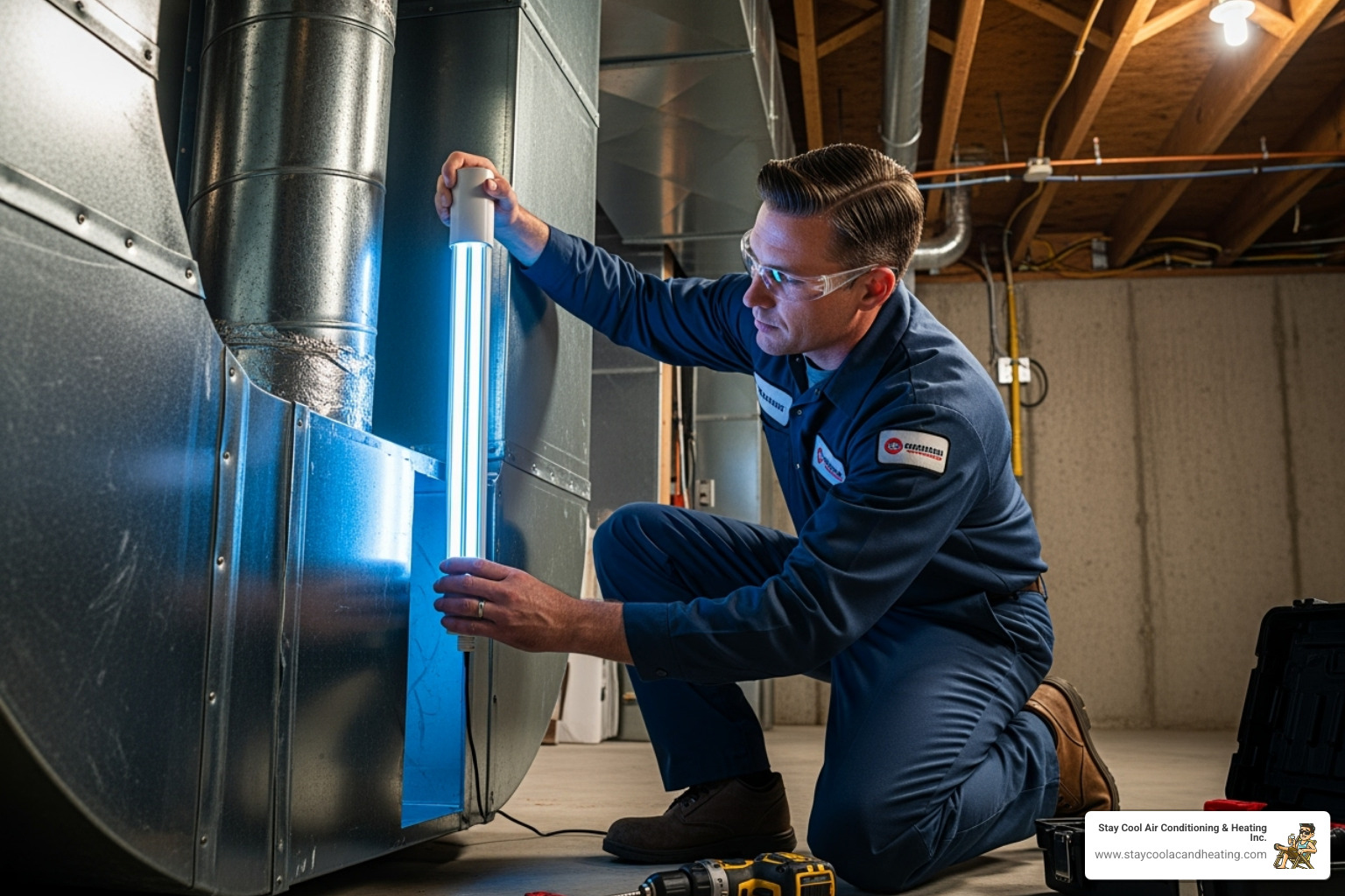 A professional HVAC technician is carefully installing a UV light system into the ductwork of a residential air conditioning unit, wearing safety glasses - uv air purifier install santa clarita ca