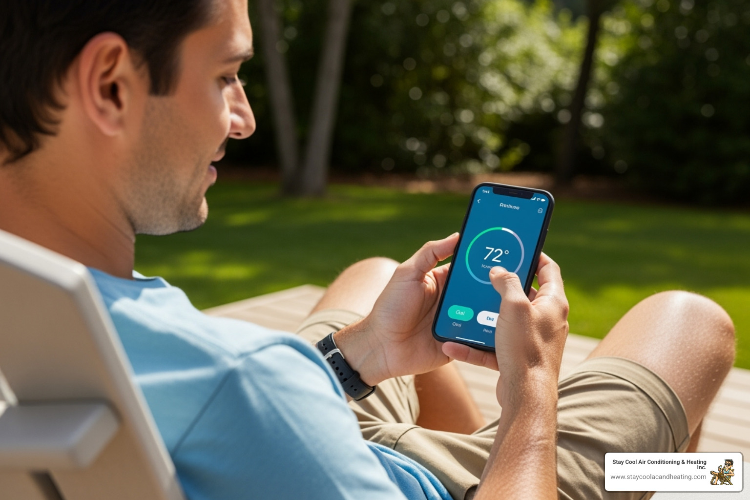 a person adjusting their Nest thermostat from their phone while relaxing outdoors - nest thermostat install santa clarita ca