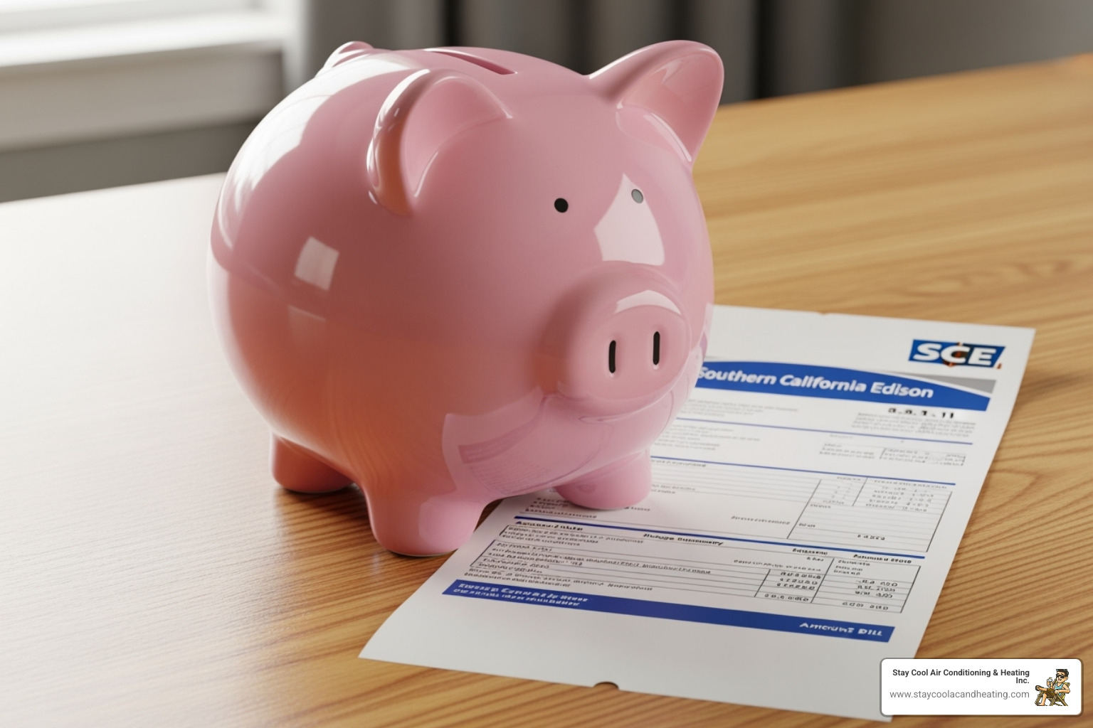 a piggy bank next to a Southern California Edison bill - nest thermostat install santa clarita ca