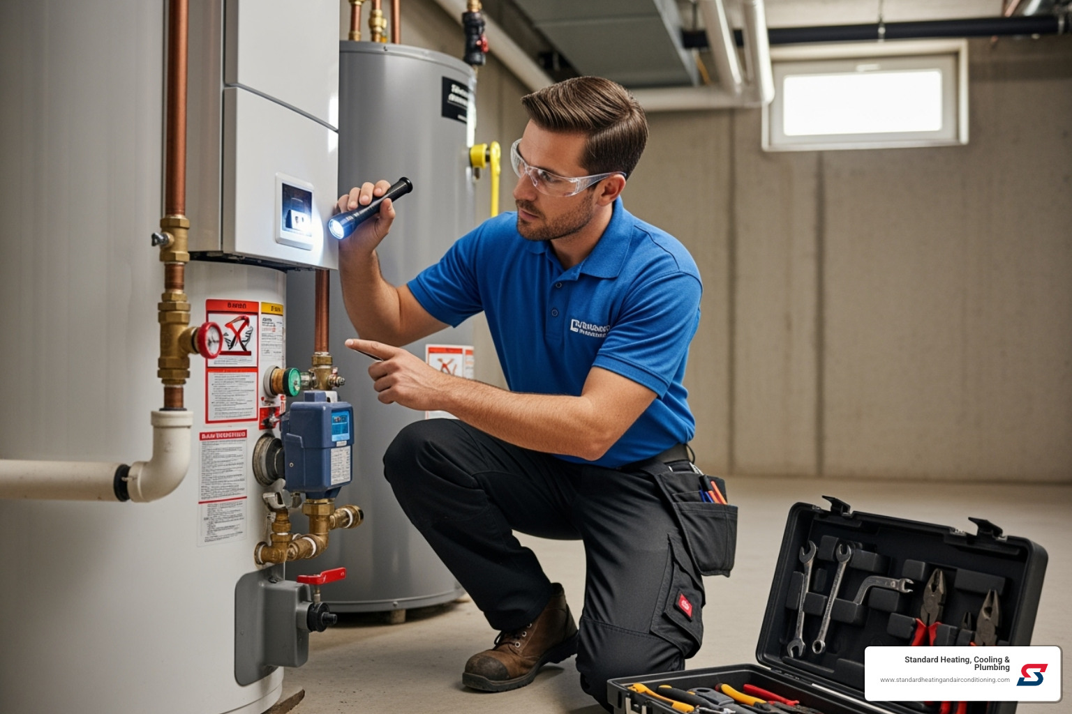 technician working on water heater - water heater repair birmingham, al