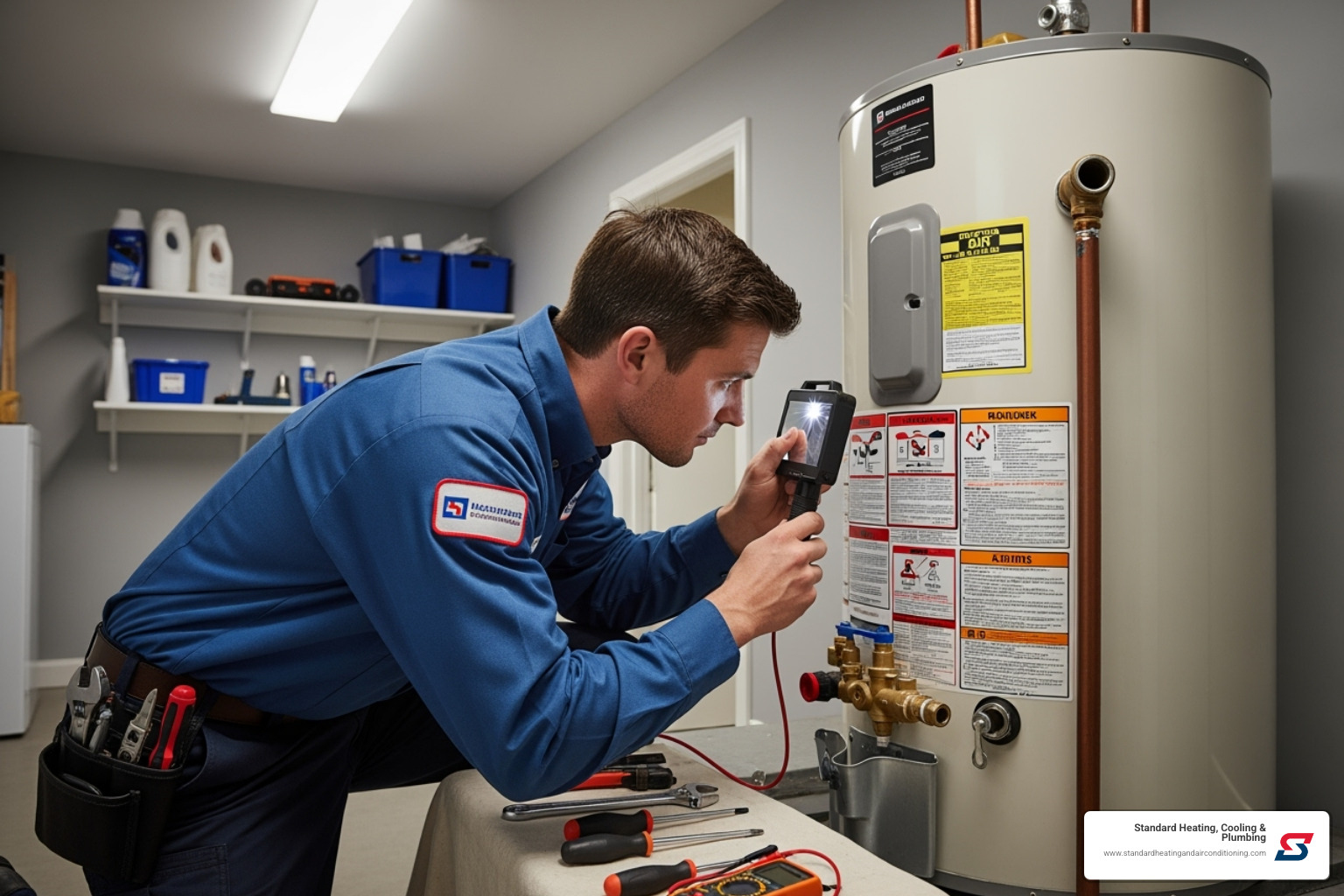 technician inspecting water heater - water heater repair birmingham, al