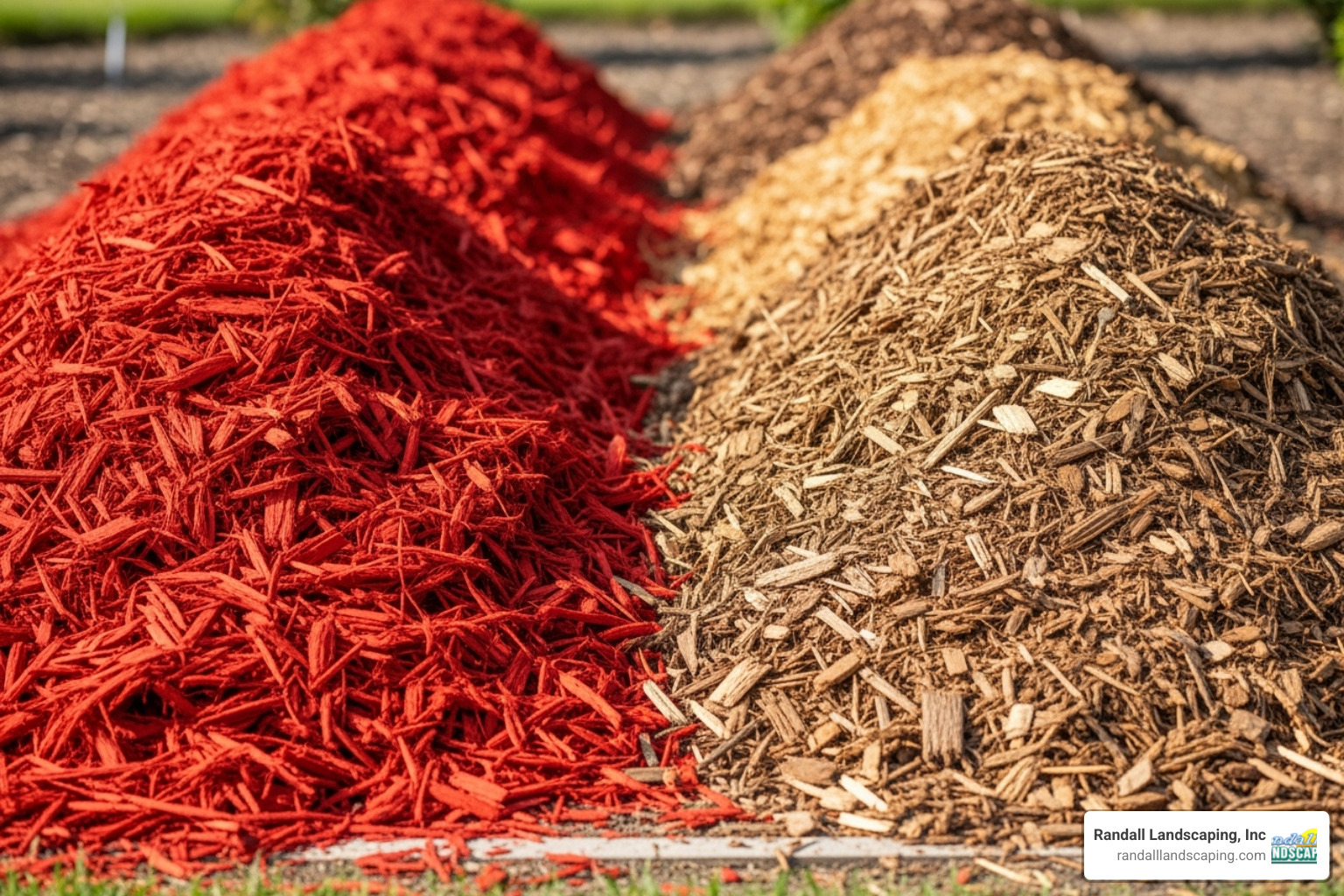 Bright red dyed mulch next to natural brown mulch for comparison - environmental mulch Bright red dyed mulch next to natural brown mulch for comparison - environmental mulch