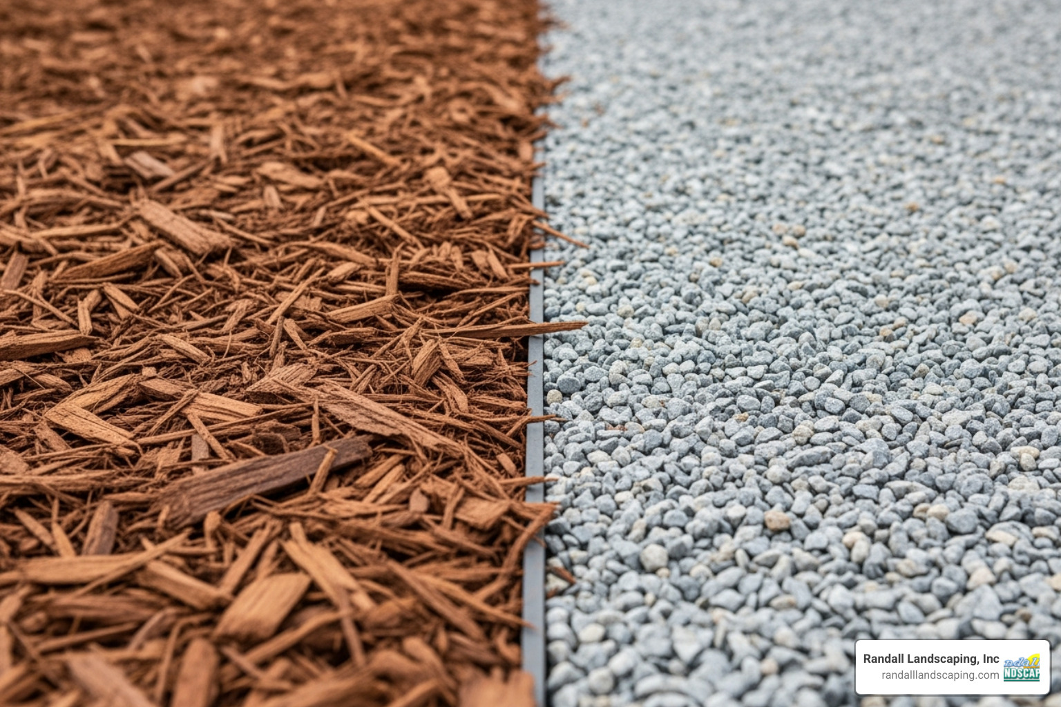 Organic wood mulch side-by-side with inorganic gravel mulch - environmental mulch Organic wood mulch side-by-side with inorganic gravel mulch - environmental mulch