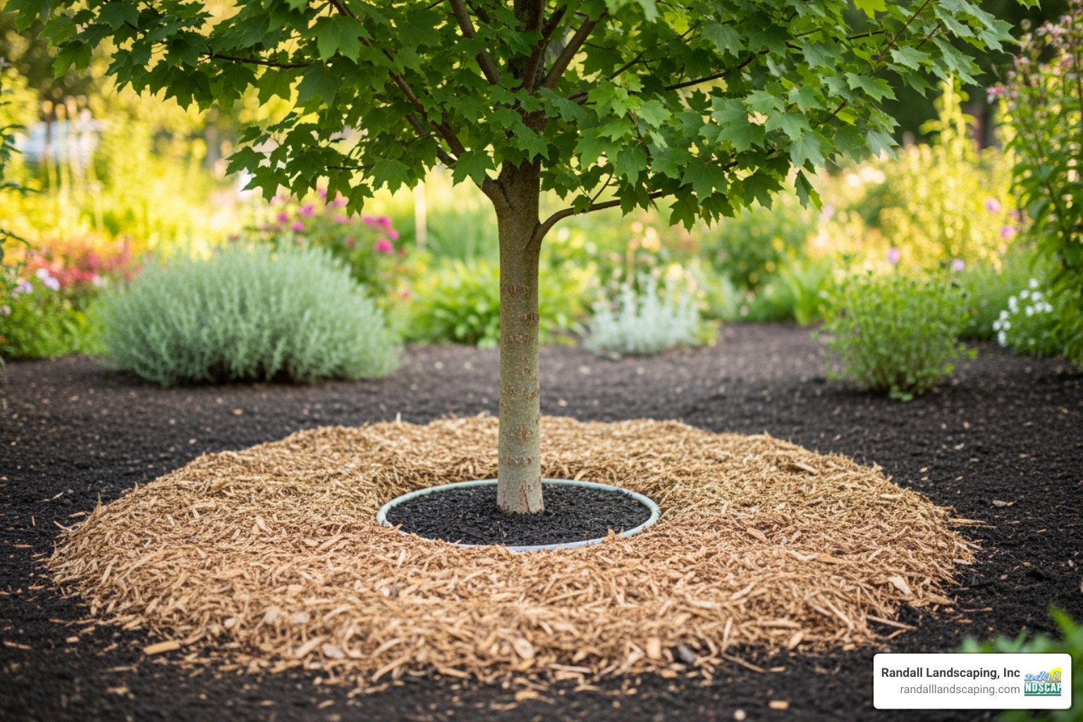 Proper "donut" mulching around a tree, not a "volcano" pile - environmental mulch Proper "donut" mulching around a tree, not a "volcano" pile - environmental mulch
