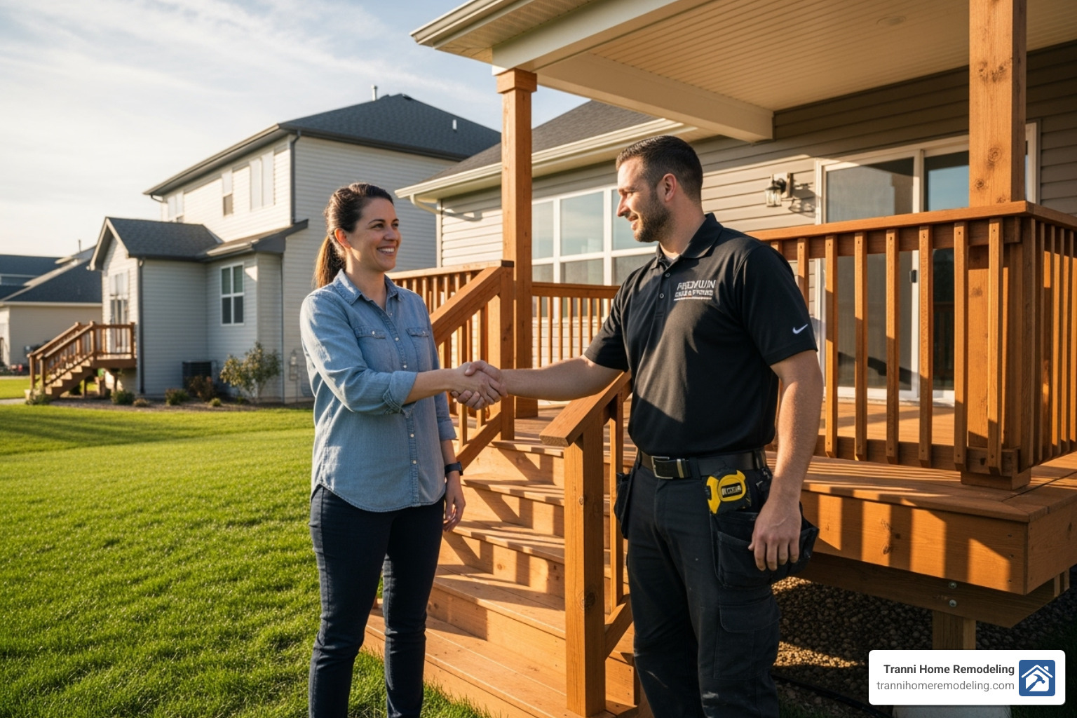 homeowner shaking hands with a contractor - deck and screened porch contractors near me