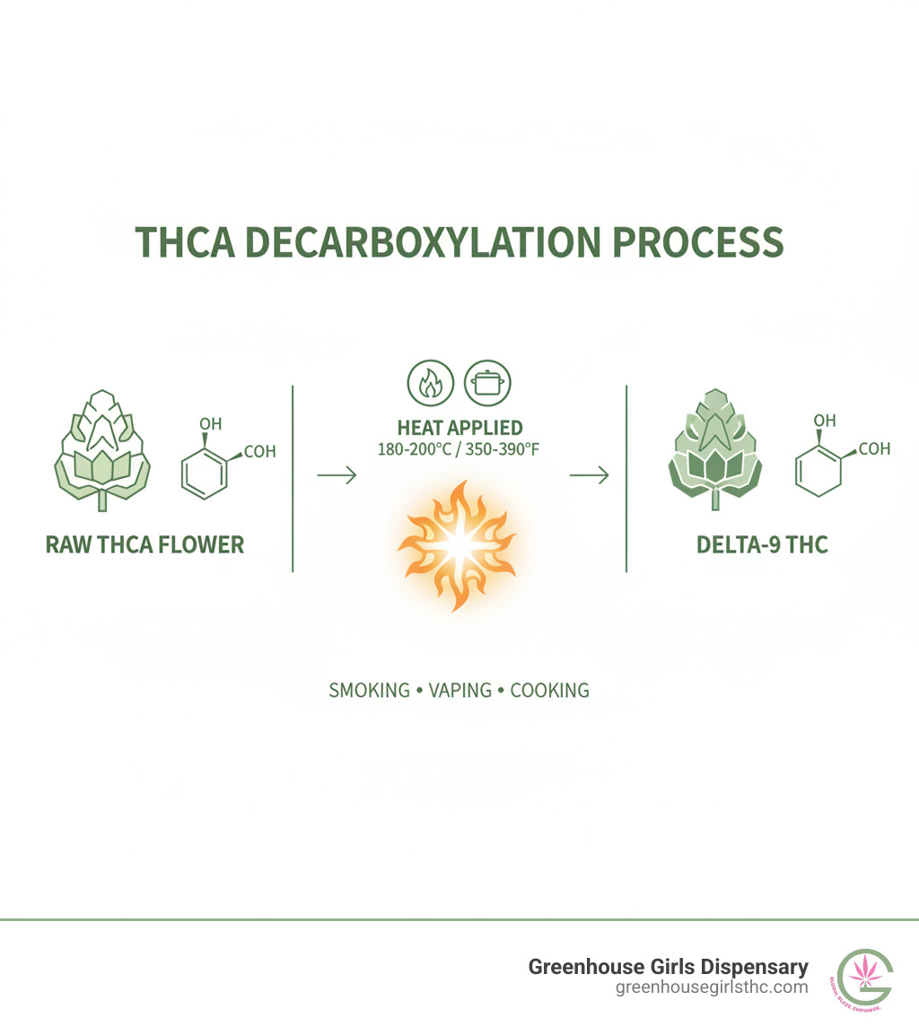 Infographic showing the THCA decarboxylation process: raw THCA flower converting to Delta-9 THC when heat is applied through smoking, vaping, or cooking, with temperature indicators and molecular structure changes illustrated - free thca samples infographic Infographic showing the THCA decarboxylation process: raw THCA flower converting to Delta-9 THC when heat is applied through smoking, vaping, or cooking, with temperature indicators and molecular structure changes illustrated - free thca samples infographic