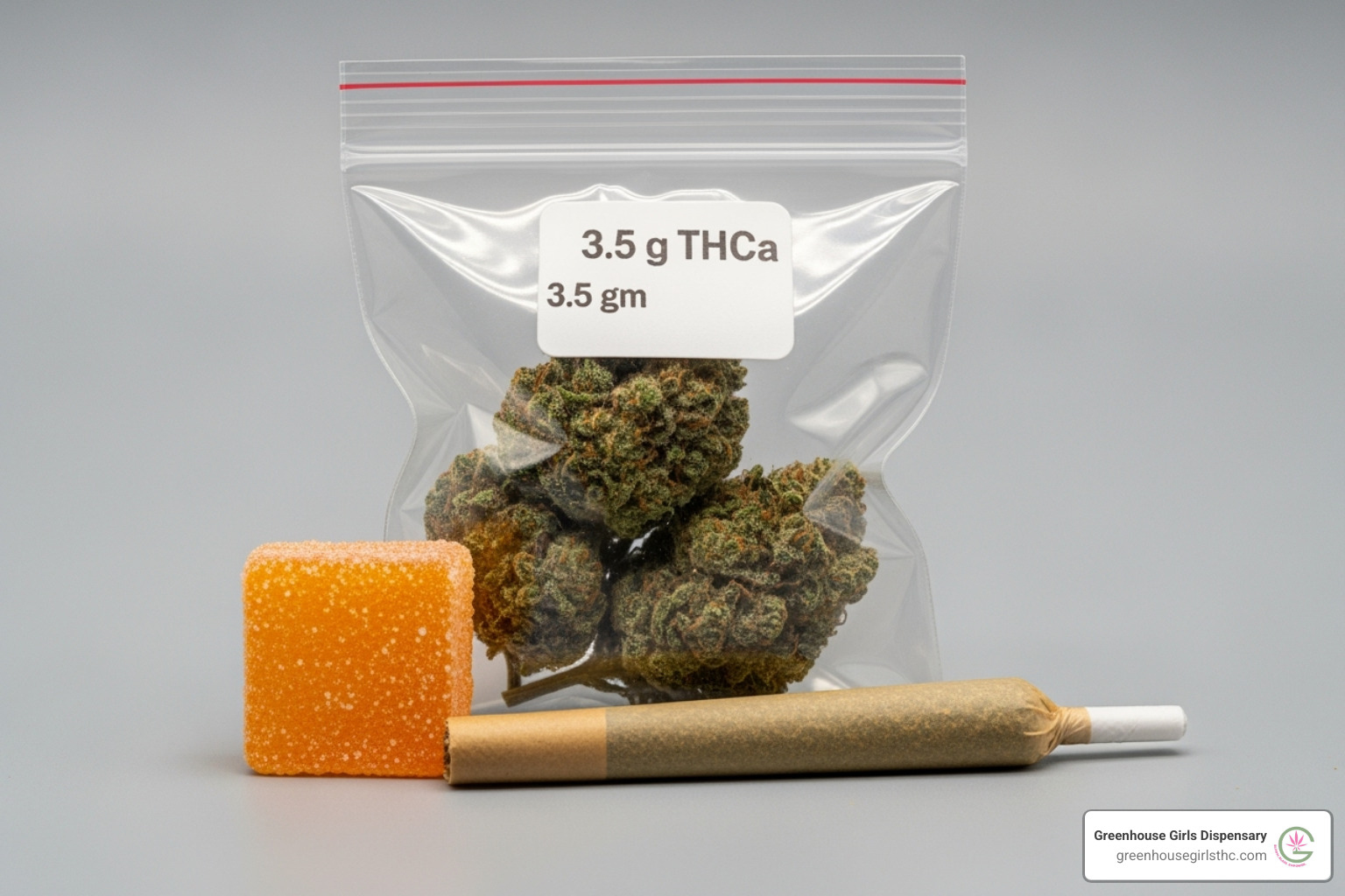 A small bag of THCA flower, a single pre-roll, and a gummy next to each other - free thca samples A small bag of THCA flower, a single pre-roll, and a gummy next to each other - free thca samples