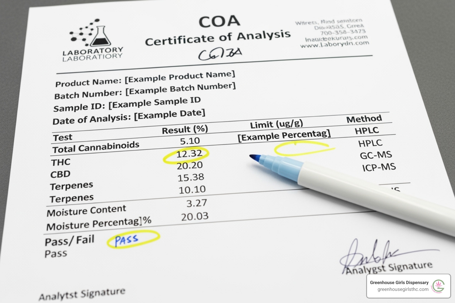A Certificate of Analysis (COA) for a cannabis product with key metrics highlighted - free thca samples A Certificate of Analysis (COA) for a cannabis product with key metrics highlighted - free thca samples