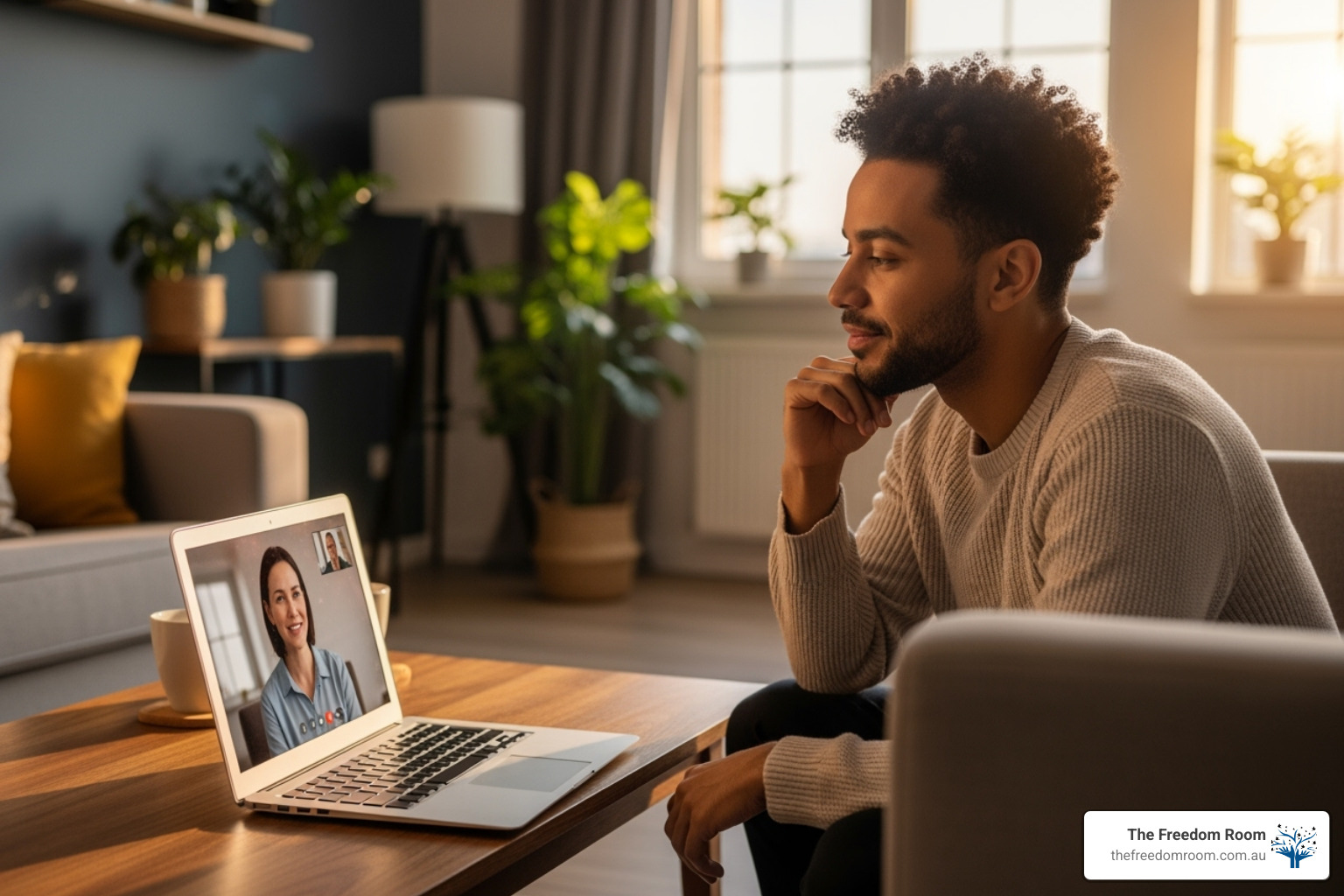 Man in a sweater on a couch engaged in a telehealth or online group counselling session via a laptop video call in a bright, modern room - Cognitive behavioural therapy alcohol