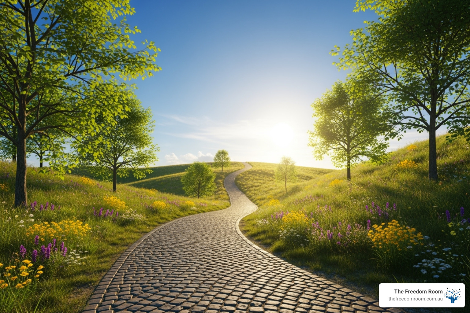 Scenic cobblestone path winding through a vibrant, flowery meadow toward a bright sun on the horizon, symbolising the path to recovery and hope and healing - Cognitive behavioural therapy alcohol
