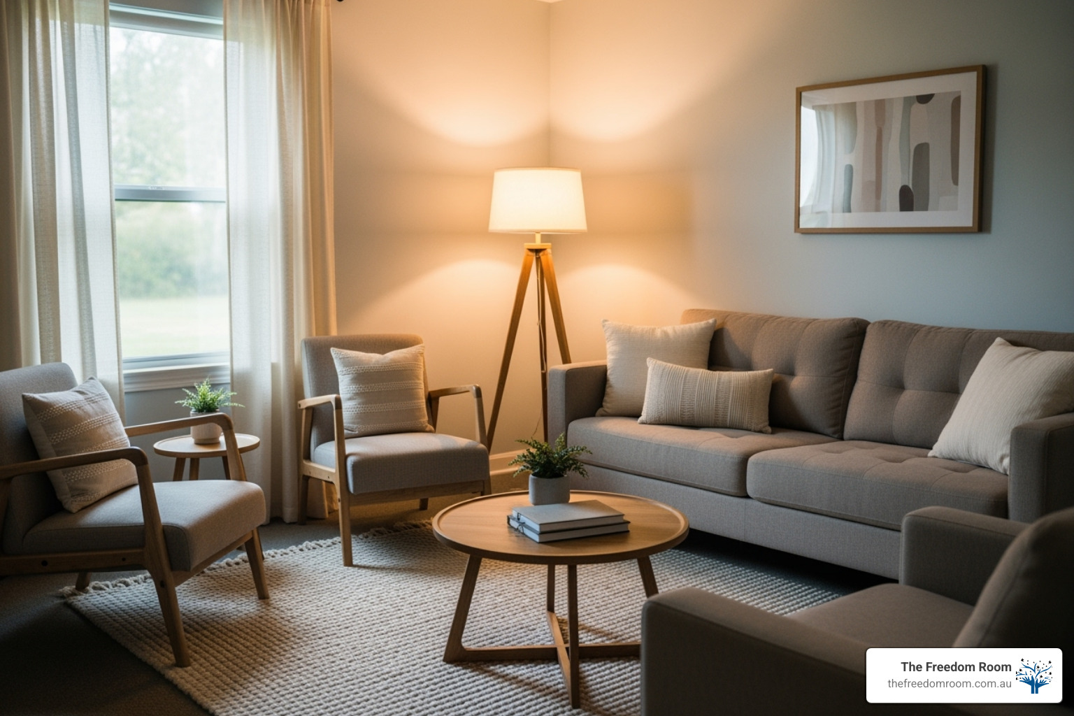 Comfortable, welcoming counselling room interior, designed for private, affordable alcohol treatment sessions - affordable alcohol treatment