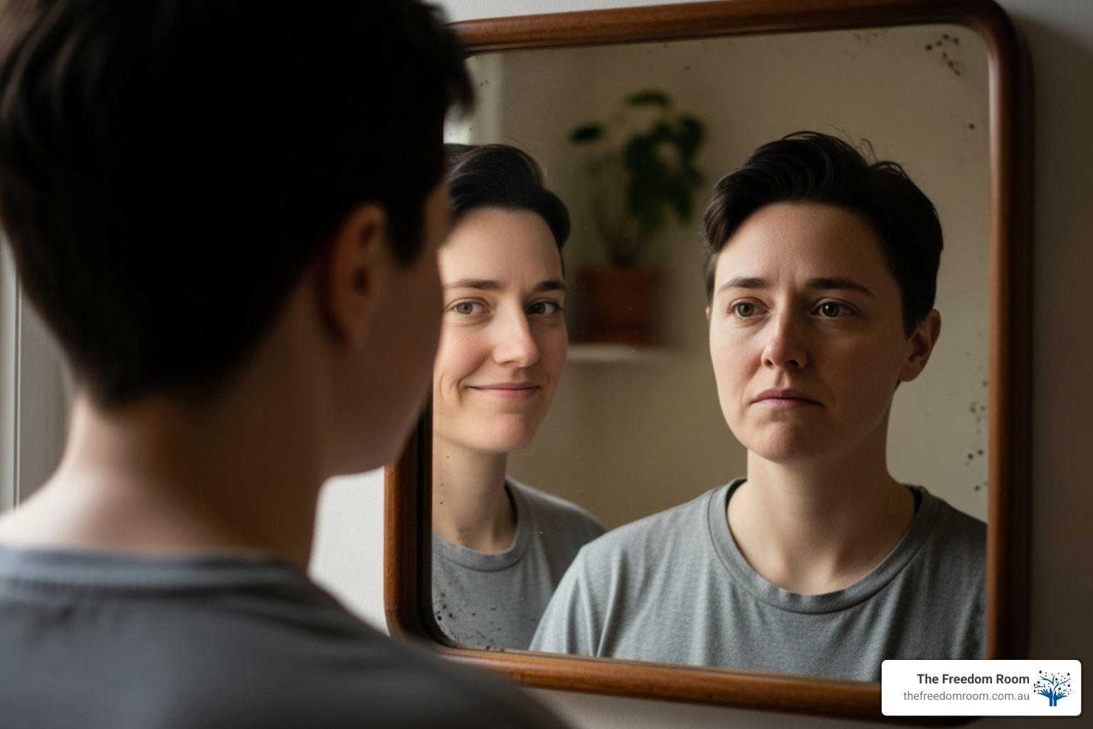 Woman looking in a mirror, seeing both conflict and hope, seeking the best therapy for alcohol abuse to resolve internal issues.