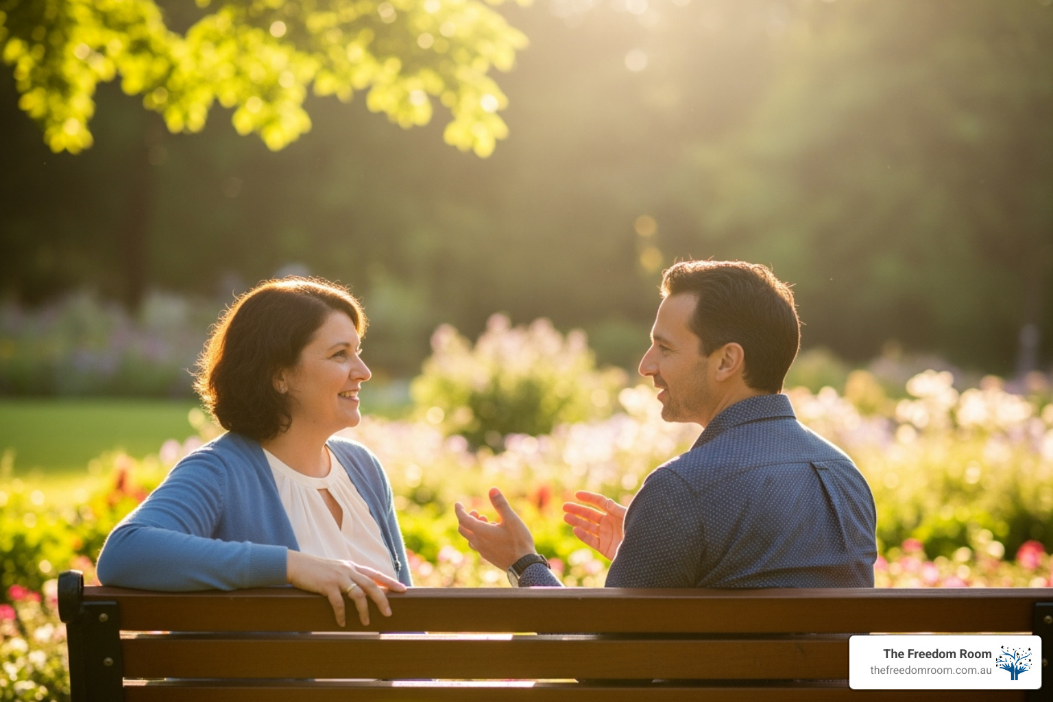 Two individuals sitting on a park bench having a focused conversation, depicting the one-on-one aspect of addiction peer support.