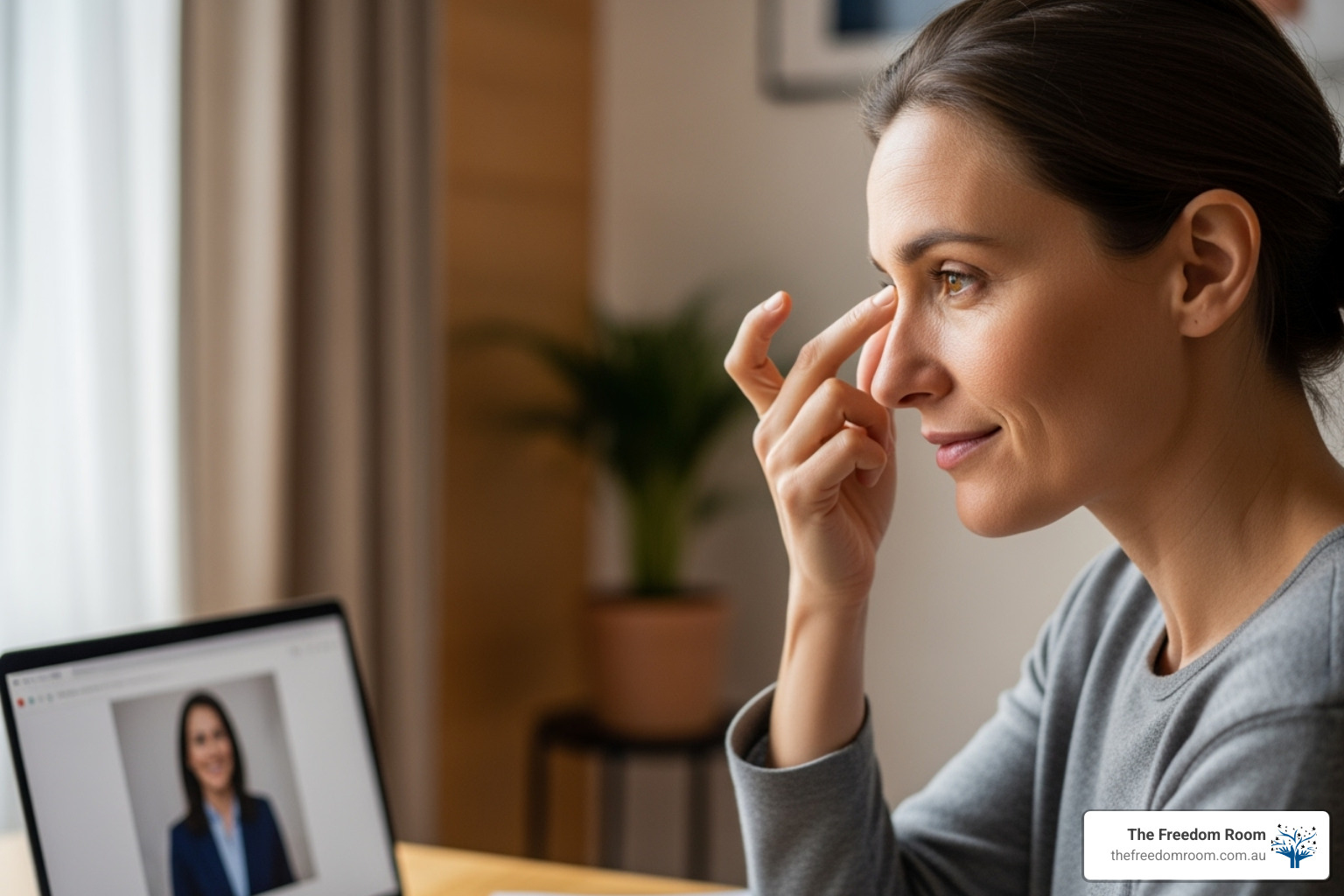 Person practising tapping (EFT) or engaging in a guided online session - online alcohol support