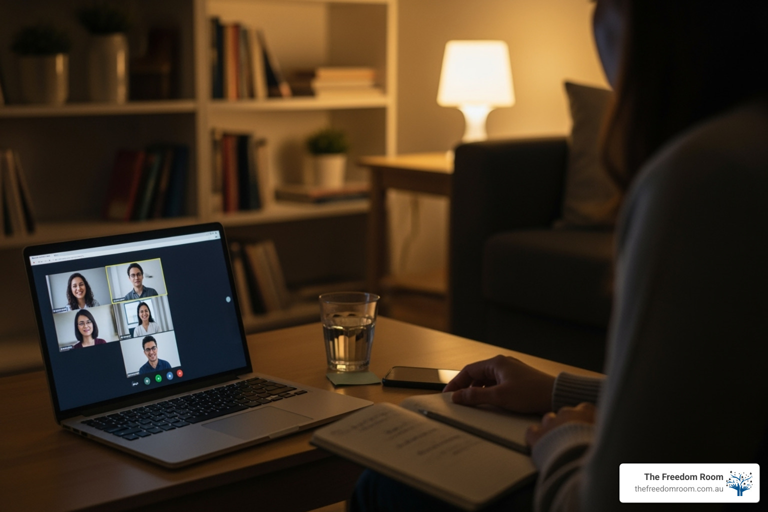 Woman sitting in a living room at night, participating in a group meeting for anonymous online alcohol support and counselling.
