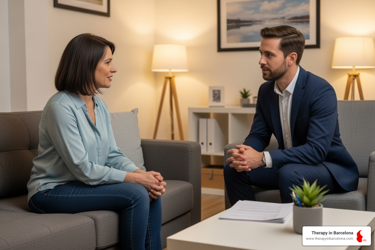 A client sitting comfortably on a sofa in a modern, welcoming therapy office, conversing with a therapist who is listening attentively. - EMDR for panic attacks