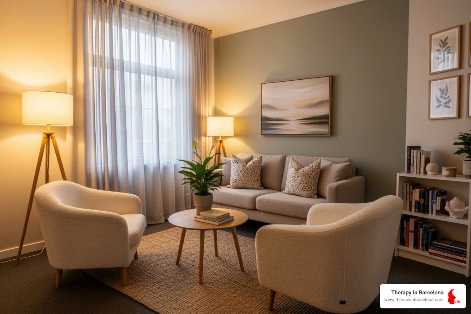 A calm and welcoming therapy room with soft lighting and comfortable seating - English therapist Barcelona A calm and welcoming therapy room with soft lighting and comfortable seating - English therapist Barcelona