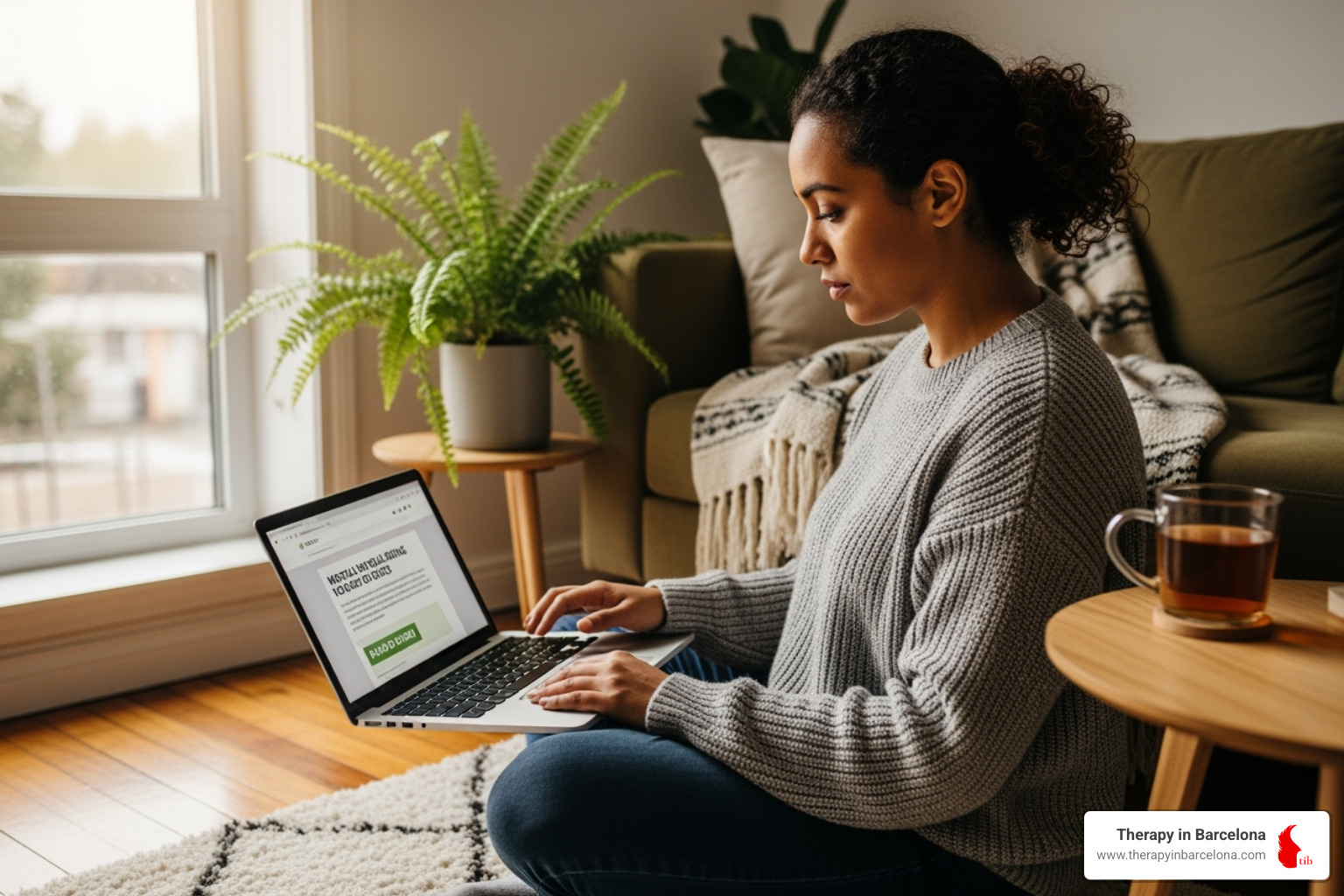 A person thoughtfully browsing on a laptop, perhaps looking for therapists online - English therapist Barcelona A person thoughtfully browsing on a laptop, perhaps looking for therapists online - English therapist Barcelona