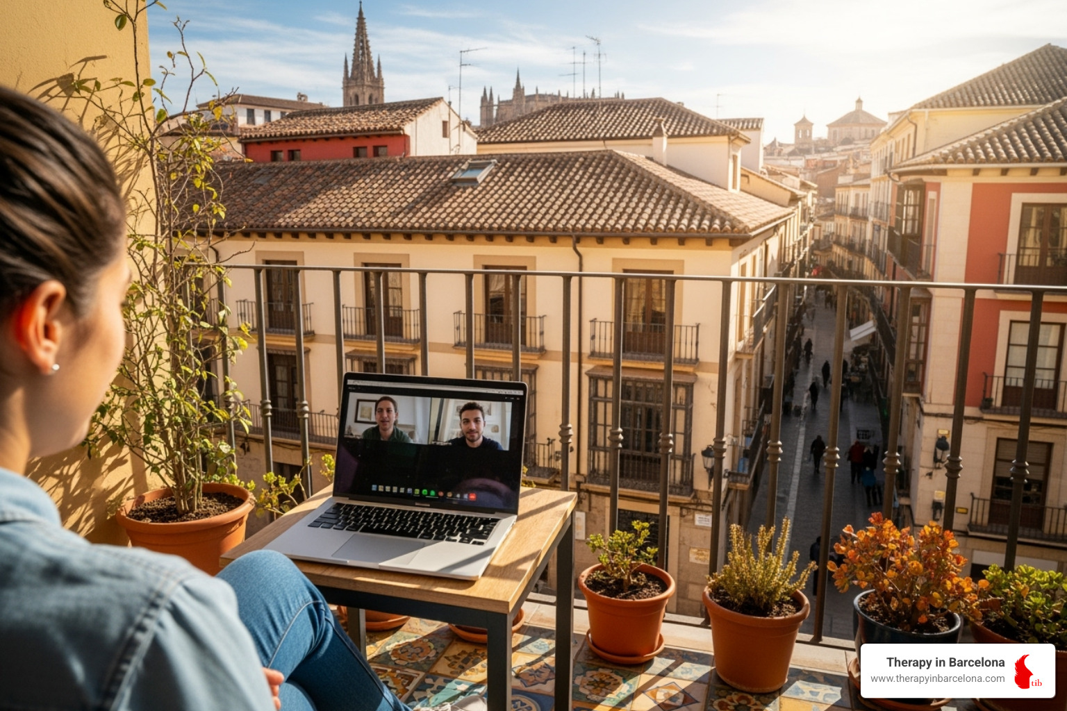 person having video therapy session on laptop with sunny Spanish balcony - Online therapy Spain