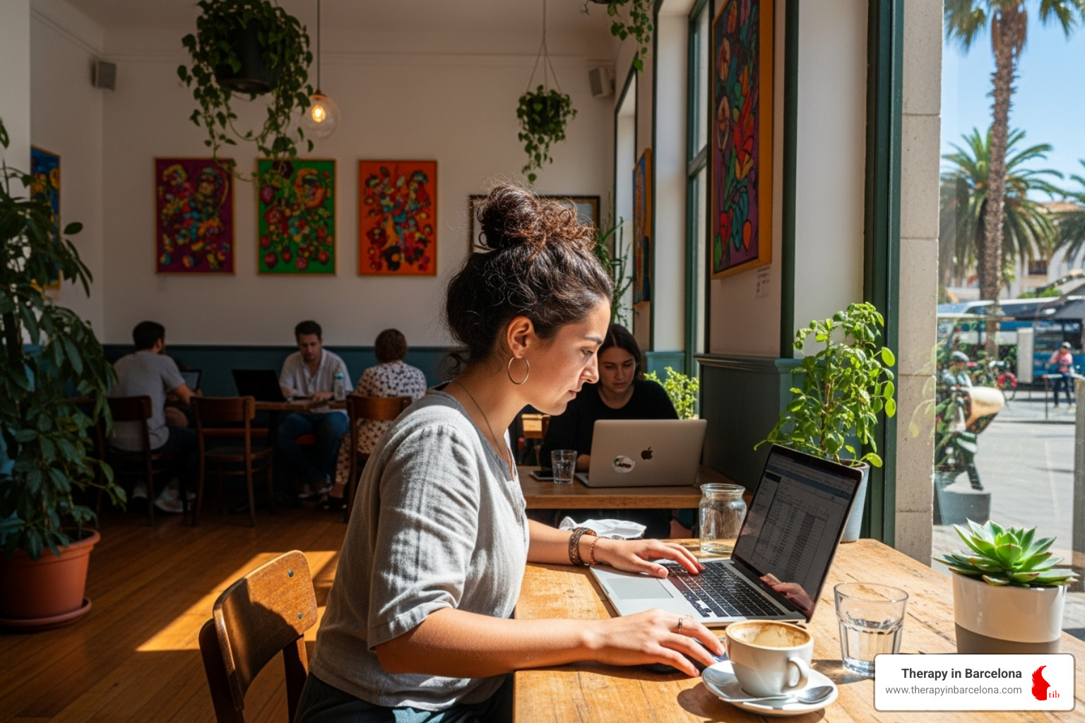 digital nomad working on laptop in cafe in Gran Canaria - Online therapy Spain