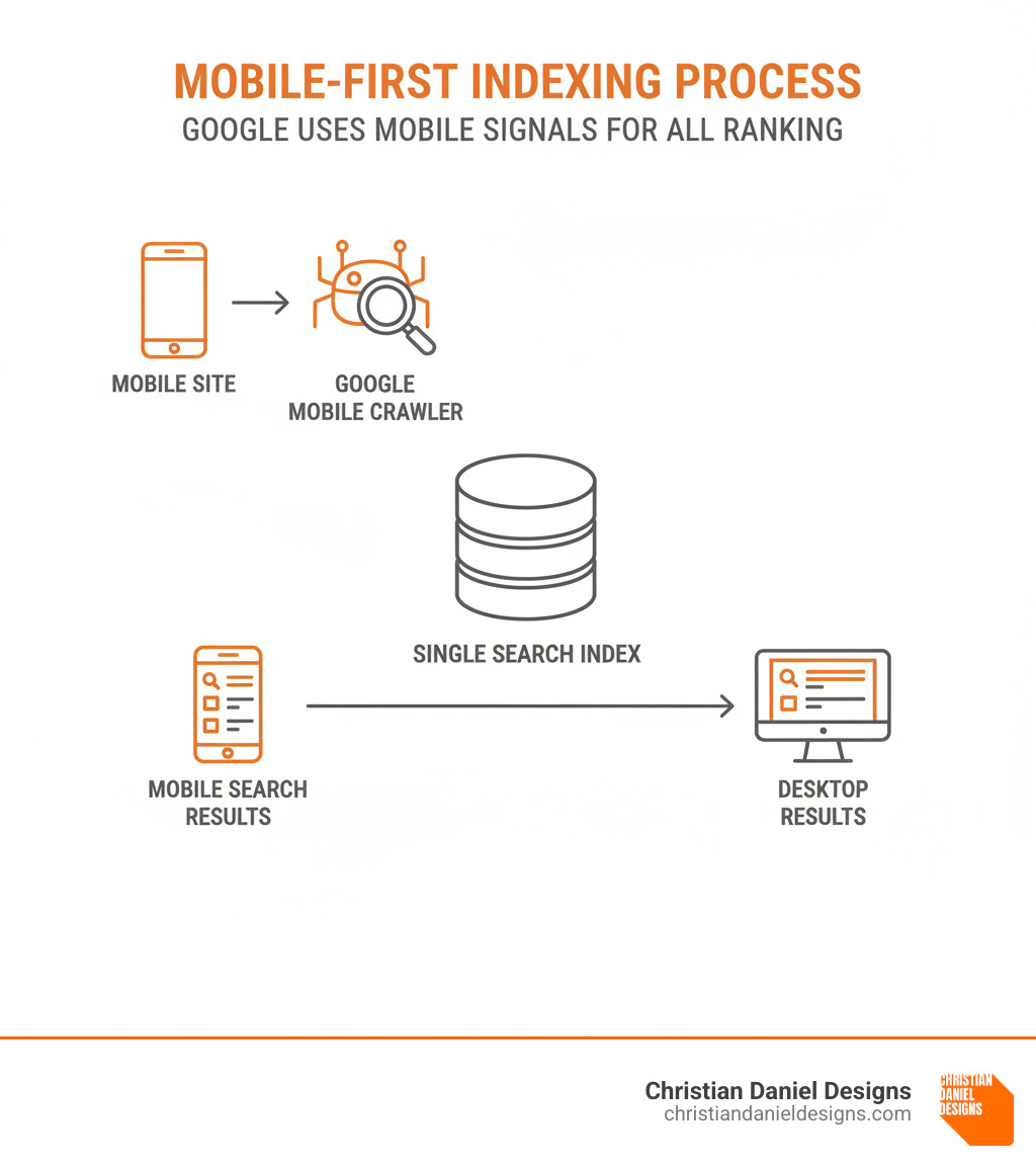 Infographic showing the mobile-first indexing process: Google's mobile crawler accesses a website's mobile version first, indexes that content into a single search index, and uses mobile signals for ranking both mobile and desktop search results. The graphic includes icons for a smartphone representing the mobile site, Googlebot's mobile crawler, a database representing the single index, and both mobile and desktop search result pages. - mobile first indexing infographic 